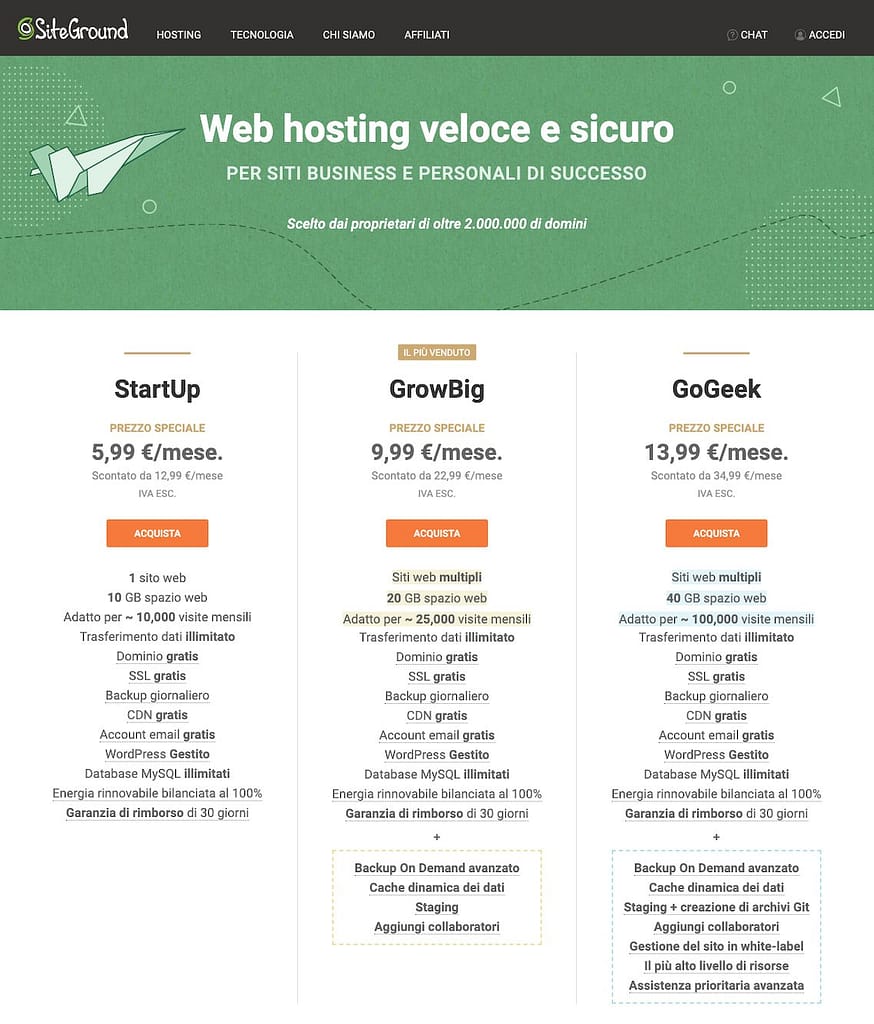 Immagine per la scelta del piano di Siteground più adatto: Startup, Growbig o Gogeek